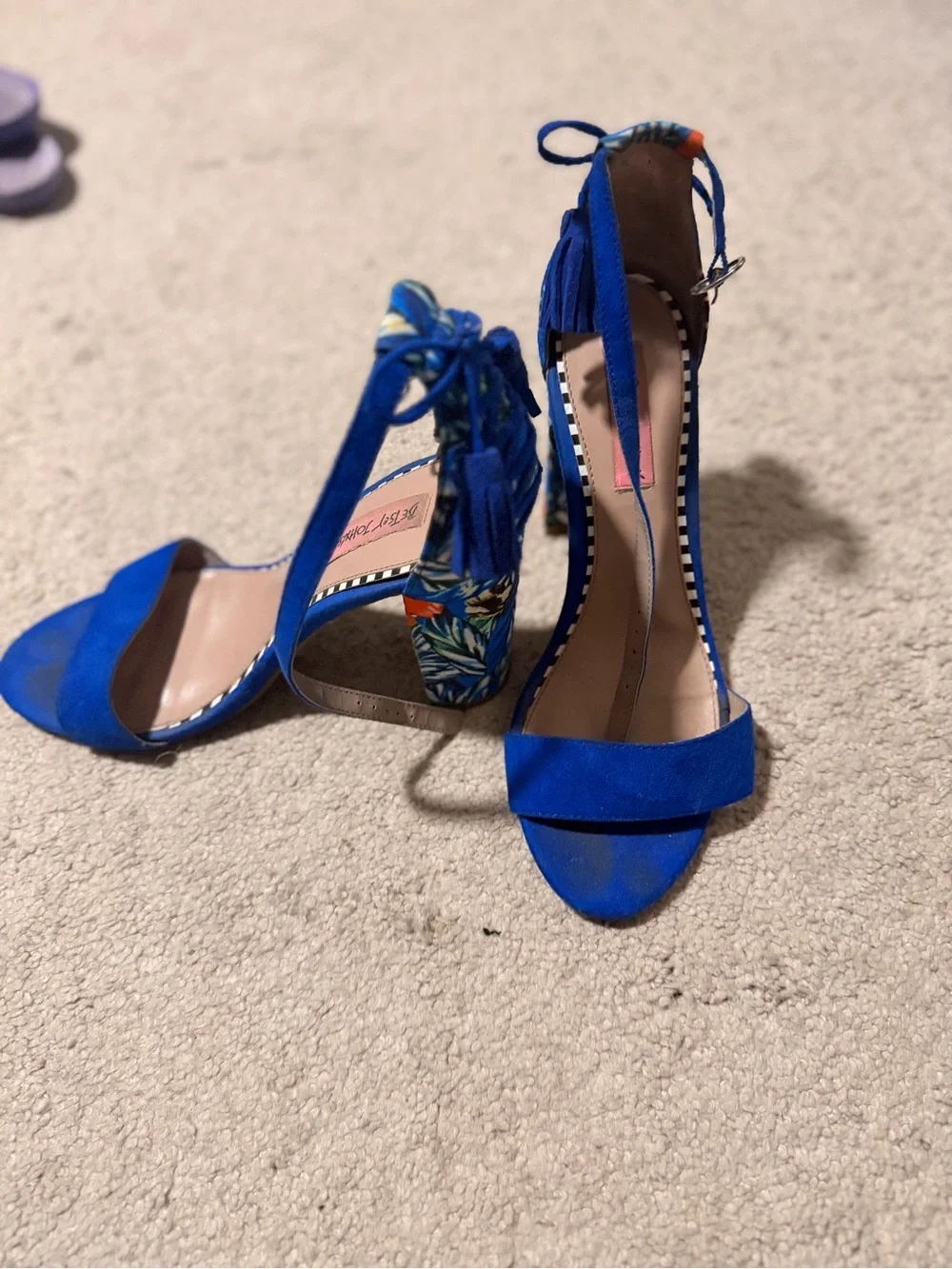 Blue Floral Block Heel Ankle-Strap Sandals